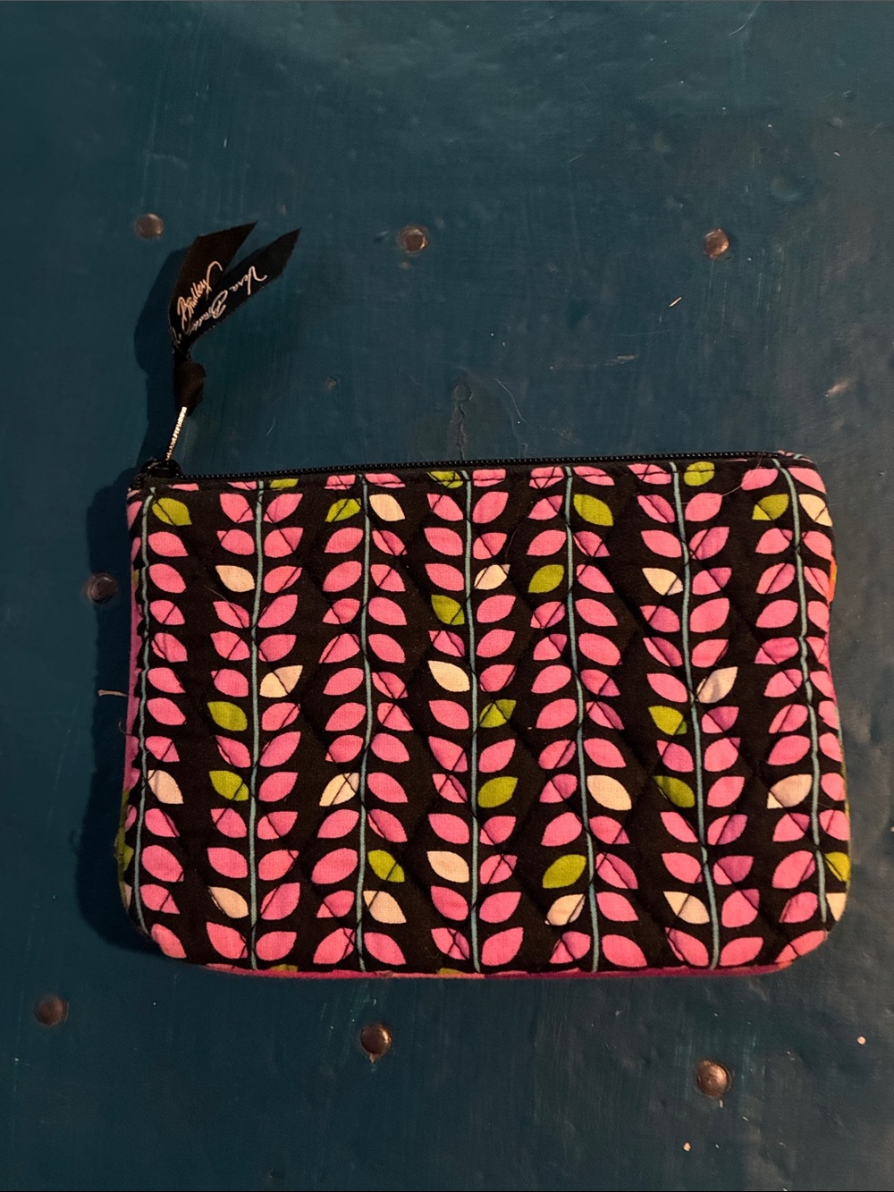 Vera Bradley Black Quilted Zip Pouch with Pink & Green Leaf Print